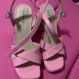 Indigo Pink Patent Crisscross Block Heel Sandals